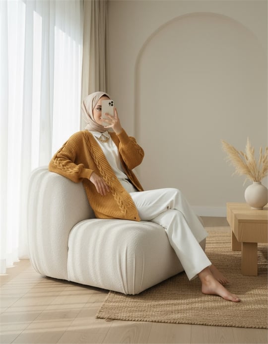 Örgü Zincir Detaylı Kışlık Hırka -Tarçın