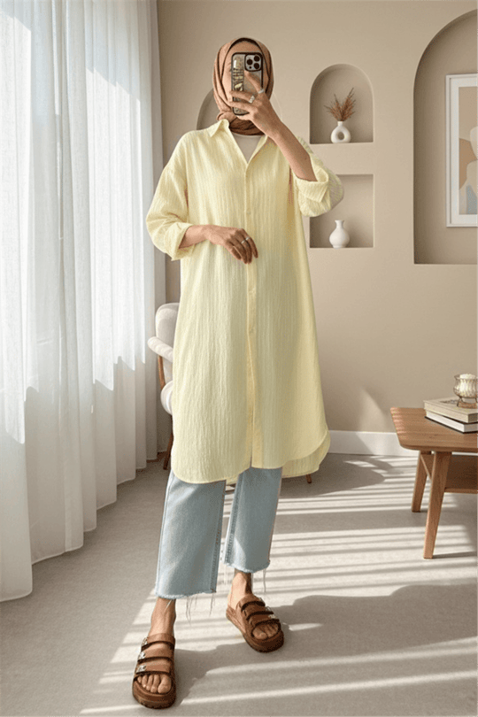 Oval Kesim Karaş Uzun Salaş Tunik -Açık Sarı