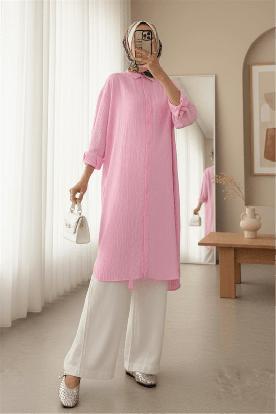 Oval Kesim Karaş Uzun Salaş Tunik -Pembe