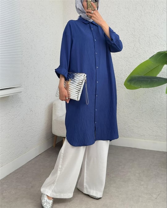Oval Kesim Kraş Uzun Salaş Tunik -İndigo