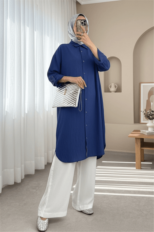 Oval Kesim Kraş Uzun Salaş Tunik -İndigo