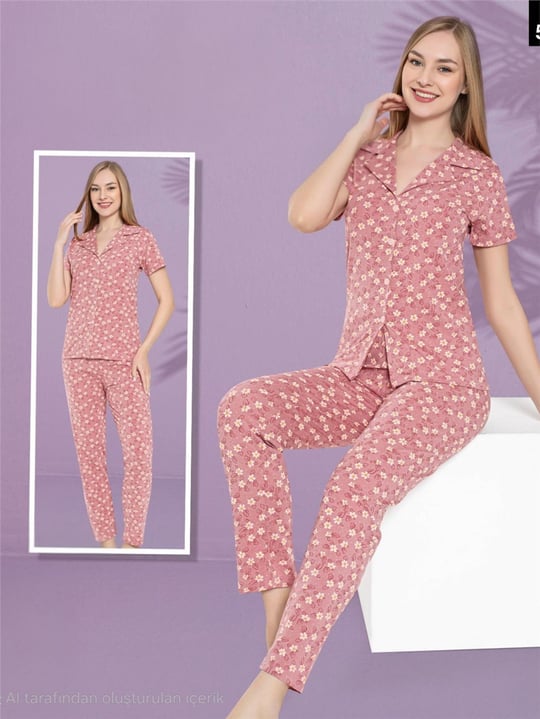 Papatya Desenli Düğmeli Kısa Kollu Pijama Takımı -G.Kurusu-Pijama-416-55749-R27