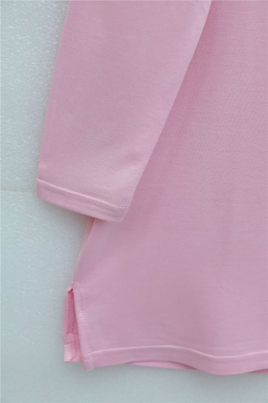 Papatya Nakışlı Yuvarlak Yaka Penye Tunik -Pembe