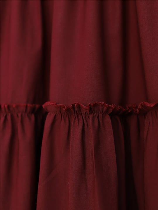 Parçalı Beli Lastikli Etek -Bordo