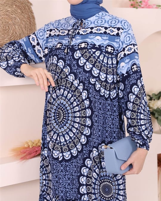 Parçalı Deseli Bağcıklı Kolu Lastikli Elbise  -Laci