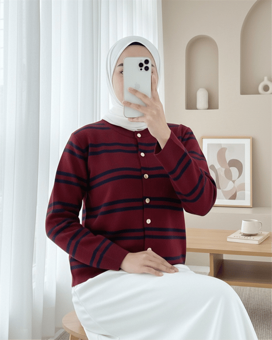 Parlak Düğmeli Çizgili Triko Hırka -Bordo