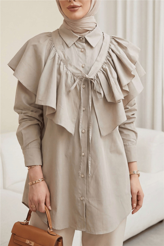 Pelerin Detaylı Düğmeli Oval Kesim Poplin Tunik -Taş