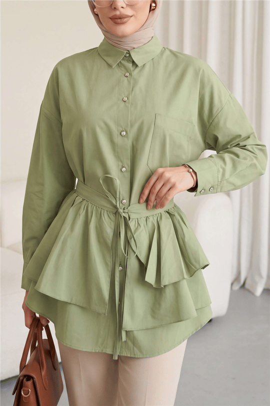 Pelerin Detaylı Düğmeli Oval Kesim Poplin Tunik -Çağla Y.