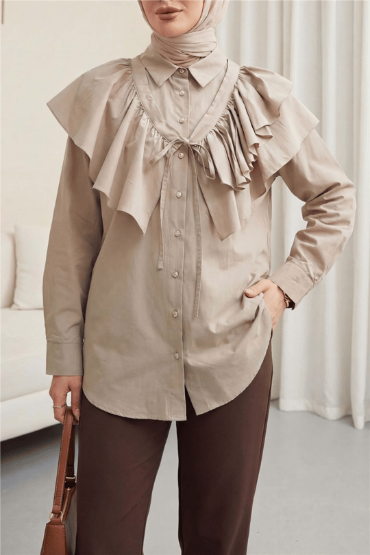 Pelerin Detaylı Düğmeli Oval Kesim Poplin Tunik -Taş