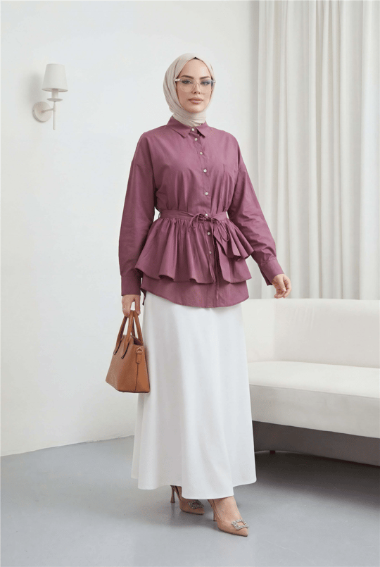 Pelerin Detaylı Düğmeli Oval Kesim Poplin Tunik -Vişne