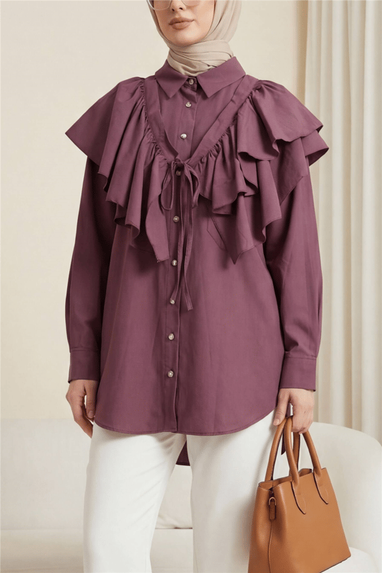 Pelerin Detaylı Düğmeli Oval Kesim Poplin Tunik -Vişne