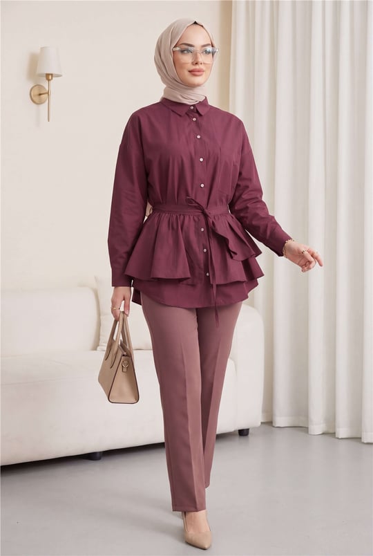 Pelerin Detaylı Düğmeli Oval Kesim Poplin Tunik -Mürdüm