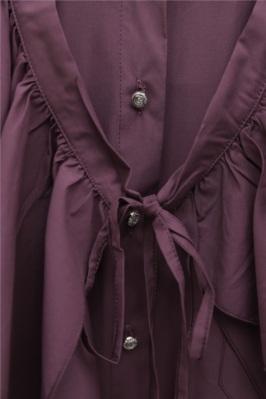 Pelerin Detaylı Düğmeli Oval Kesim Poplin Tunik -Vişne