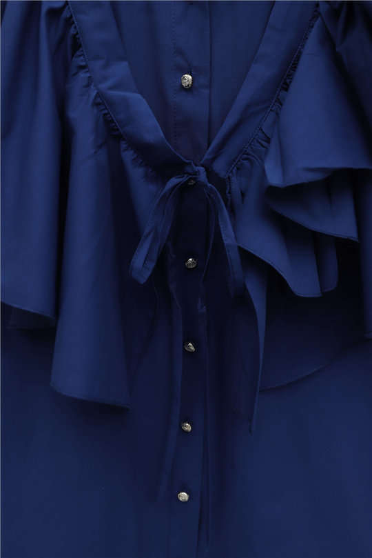 Pelerin Detaylı Düğmeli Oval Kesim Poplin Tunik -Laci