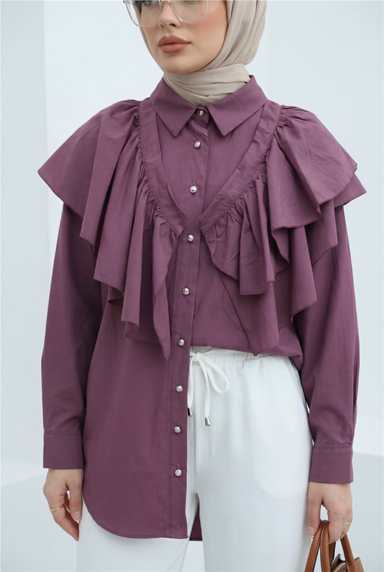 Pelerin Detaylı Düğmeli Oval Kesim Poplin Tunik -Vişne