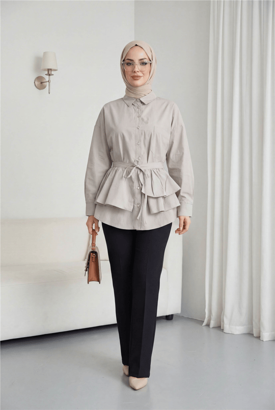 Pelerin Detaylı Düğmeli Oval Kesim Poplin Tunik -Taş
