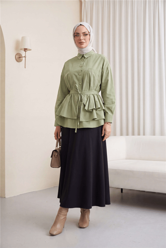 Pelerin Detaylı Düğmeli Oval Kesim Poplin Tunik -Çağla Y.