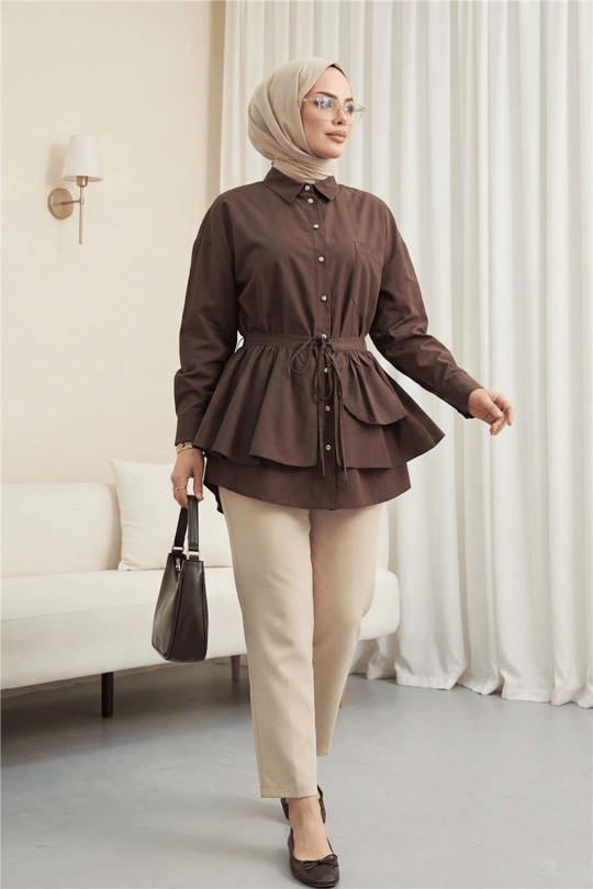Pelerin Detaylı Düğmeli Oval Kesim Poplin Tunik -K. Kahve