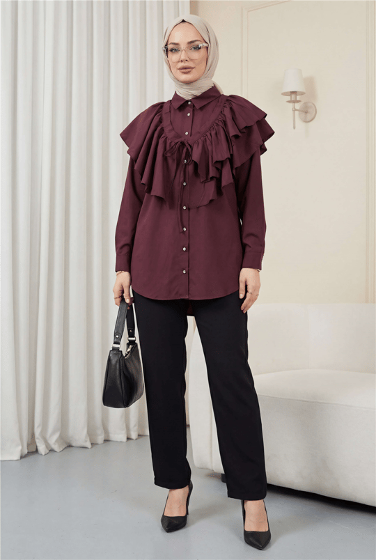 Pelerin Detaylı Düğmeli Oval Kesim Poplin Tunik -Mürdüm