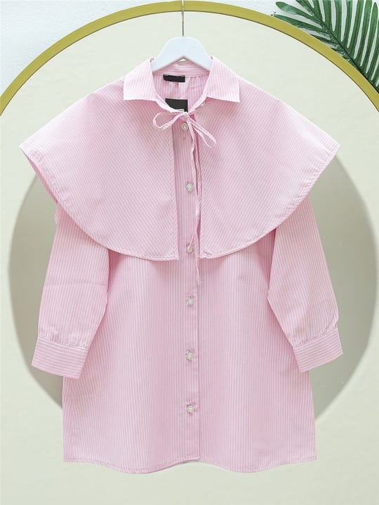 Pelerinli Çizgili Gömlek -Pembe