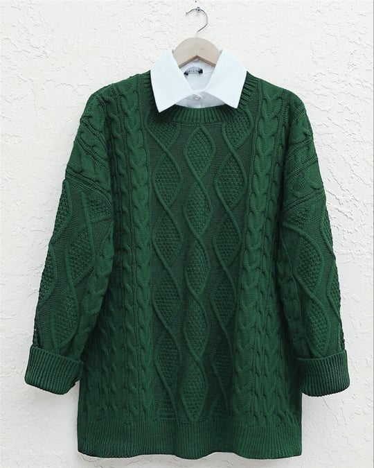 Petek Desen Kışlık Salaş Triko Kazak           -Koyu Yeşil