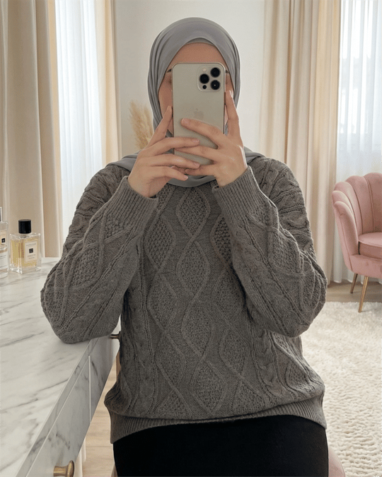 Petek Desen Kışlık Salaş Triko Kazak             -Toprak