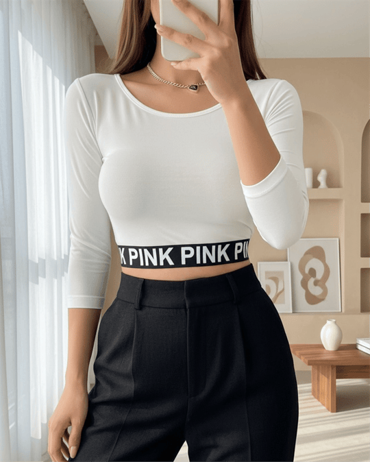 Pink Yazılı Fakir Kol Lastikli Crop -Ekru