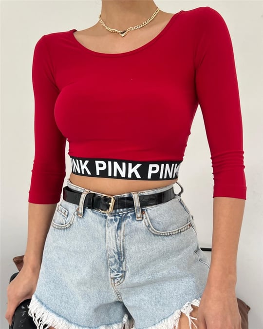Pink Yazılı Fakir Kol Lastikli Crop -Kırmızı