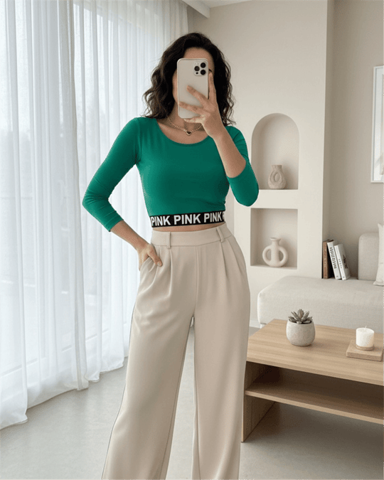 Pink Yazılı Fakir Kol Lastikli Crop -Yeşil