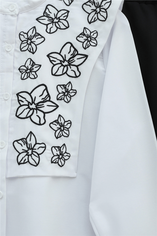 Plastron Detaylı Nakışlı Poplin Gömlek -Beyaz