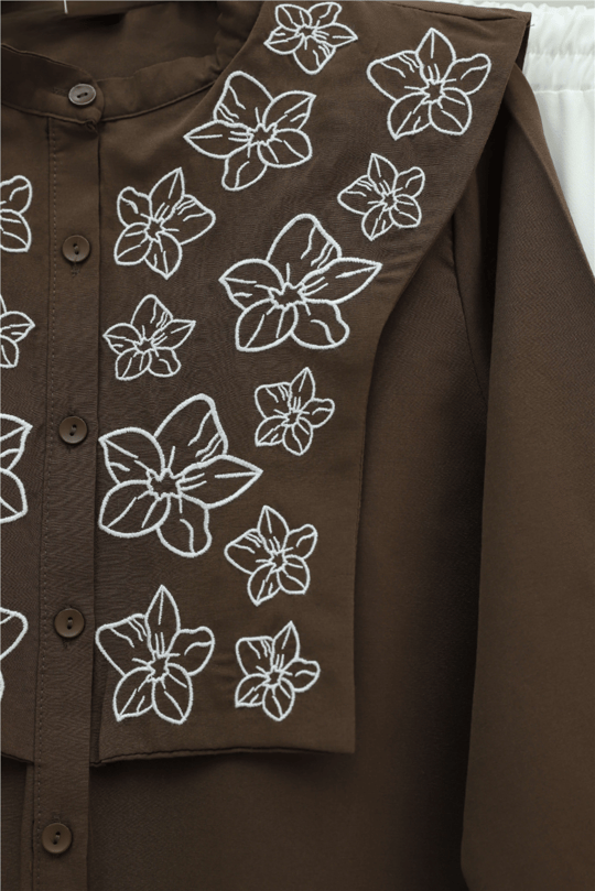 Womens Bib-Front Detail Embroidered Poplin Shirt -Coffee Brown - Brown