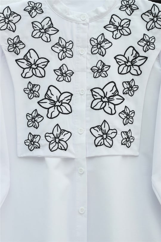 Plastron Detaylı Nakışlı Poplin Gömlek -Beyaz