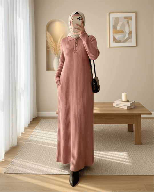 Polo Yaka Düğmeli Triko Elbise -G.Kurusu