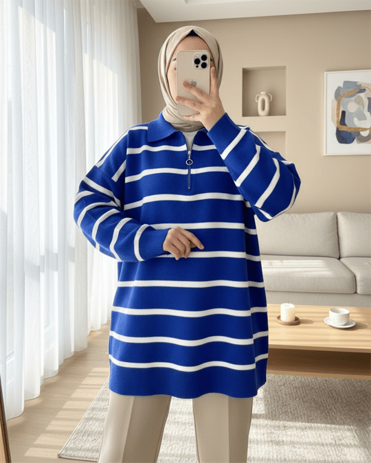 Polo Yaka Fermuarlı Triko Tunik -Saks