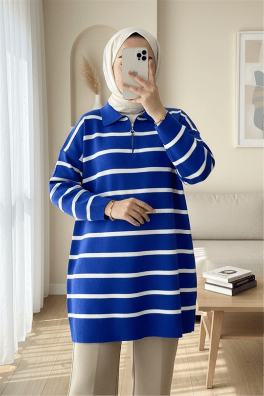 Polo Yaka Fermuarlı Triko Tunik -Saks