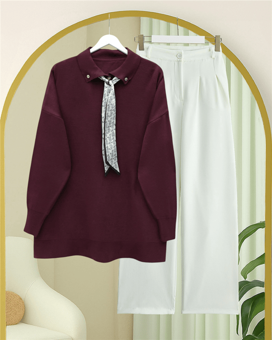 Polo Yaka Fularlı Yırtmaçlı Salaş Triko Tunik  -Bordo