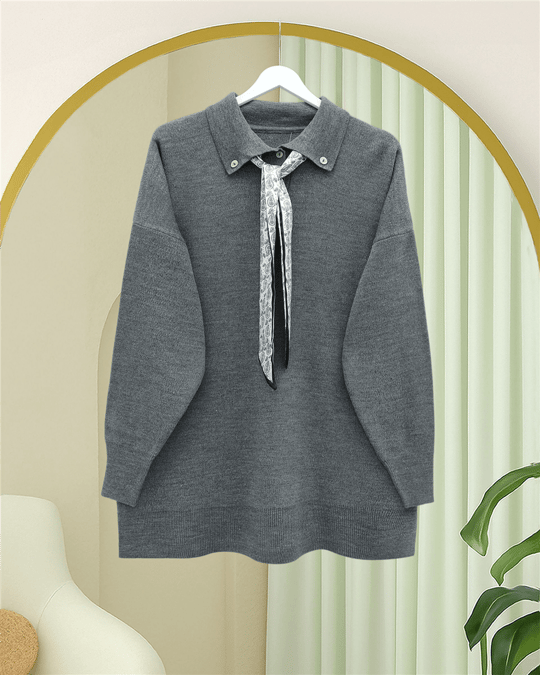 Polo Yaka Fularlı Yırtmaçlı Salaş Triko Tunik  -Füme