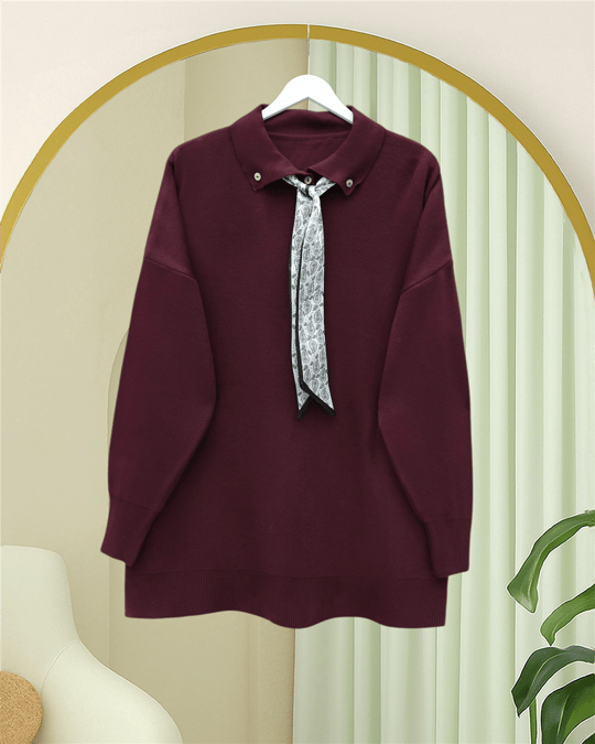 Polo Yaka Fularlı Yırtmaçlı Salaş Triko Tunik  -Bordo
