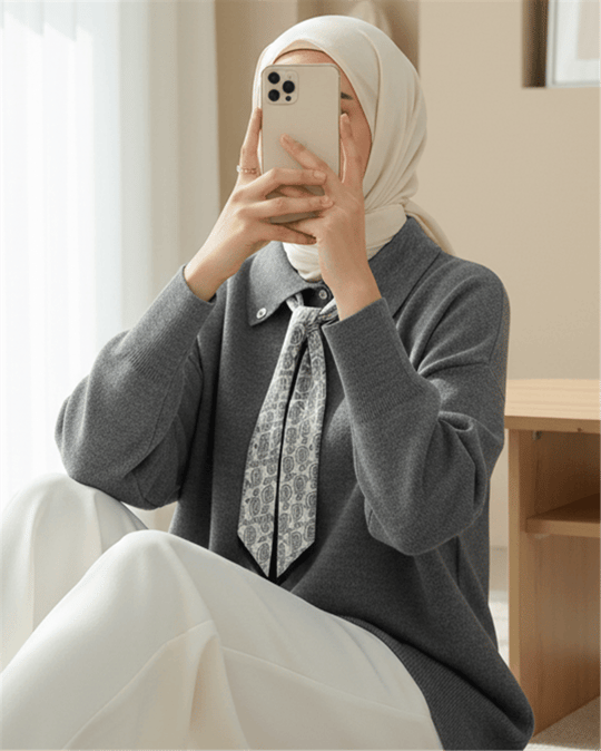 Polo Yaka Fularlı Yırtmaçlı Salaş Triko Tunik  -Füme