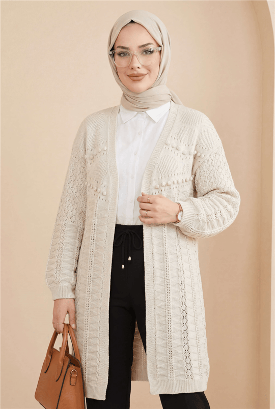 Ponponlu Karışık Desen Araboy Triko Hırka -Taş