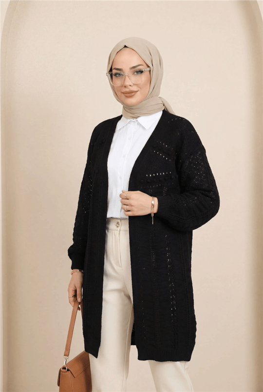 Ponponlu Karışık Desen Araboy Triko Hırka -Siyah