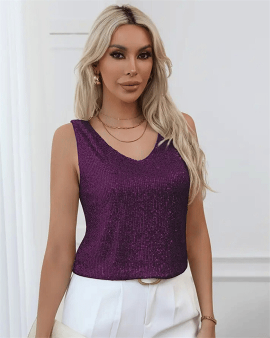 Pul Payetli Sıfır Kol Bluz -Mürdüm