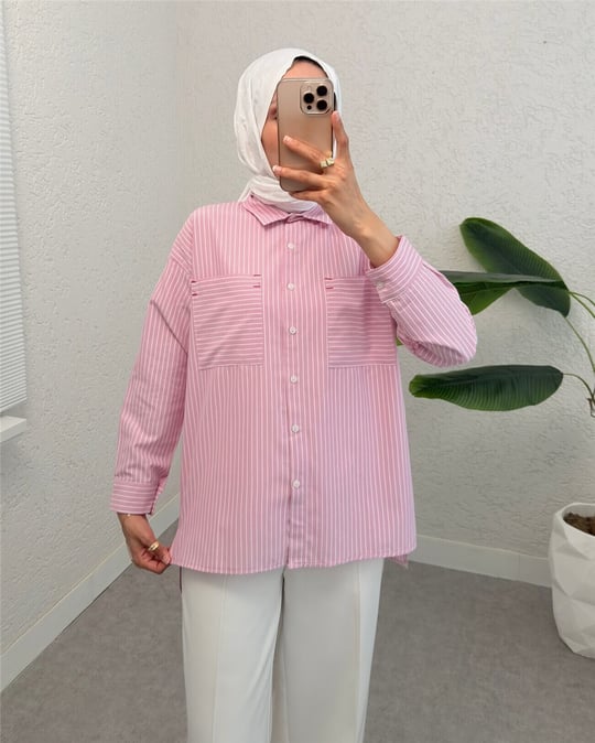 Puntalı Çizgili Gömlek -Pembe