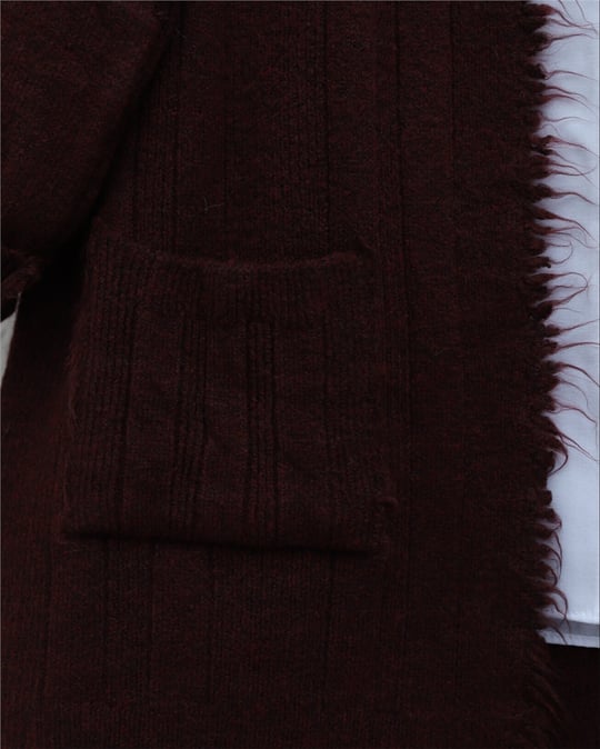 Püskül Detaylı Cepli Triko Hırka -Bordo
