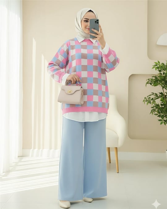 Renkli Kareli Balon Kol Bisiklet Yaka Triko Tunik -Pembe