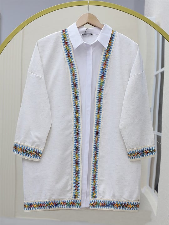 Renkli Şerit Detaylı Keten Kimono -Taş