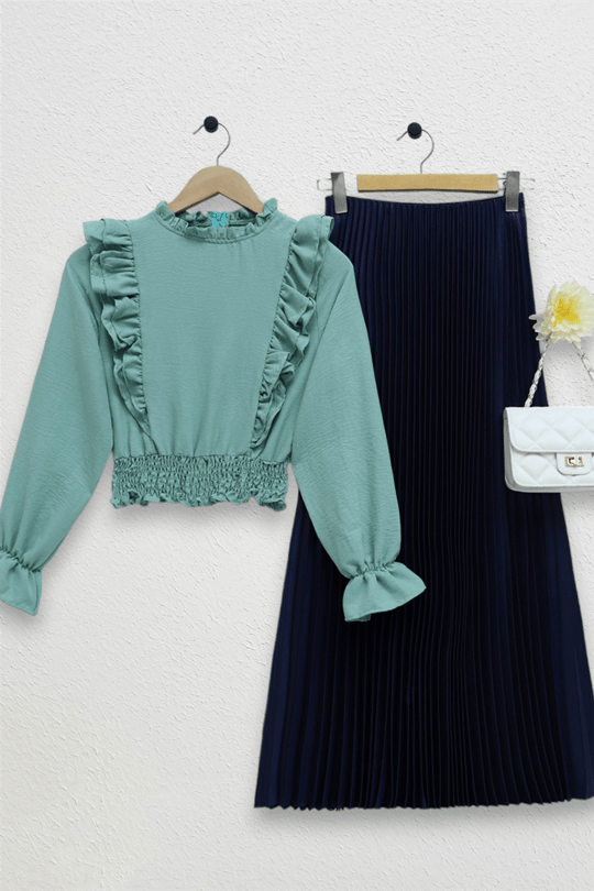 Robadan Fırfırlı Beli Büzgülü Ayrobin Bluz  -Mint