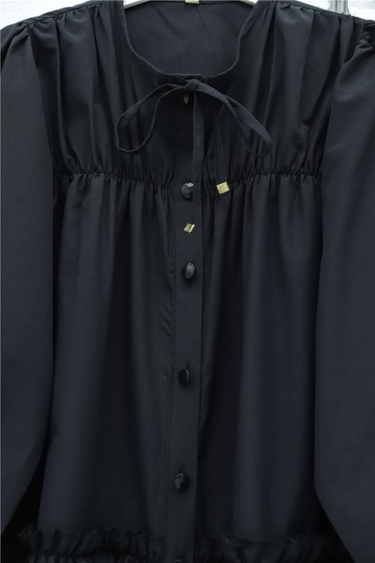 Robadan Lastikli Eteği Fırfırlı Düğmeli Poplin Tunik -Siyah