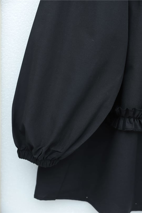 Robadan Lastikli Eteği Fırfırlı Düğmeli Poplin Tunik -Siyah