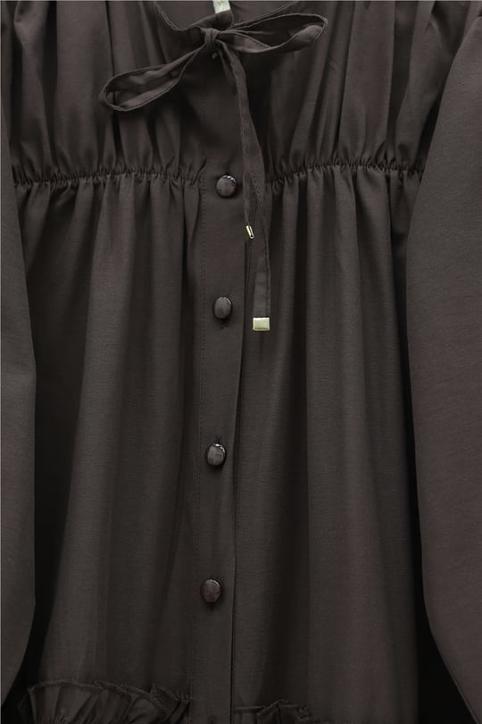Robadan Lastikli Eteği Fırfırlı Düğmeli Poplin Tunik -K. Kahve